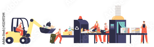 Litter conveyor and process at garbage sort and separating plant with team or workers collect litter
