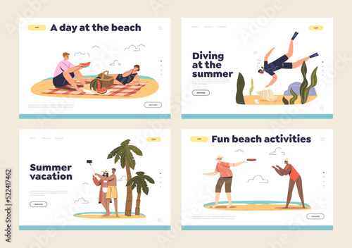 Summer activities on beach template landing pages set with young people on vacation on sea resort