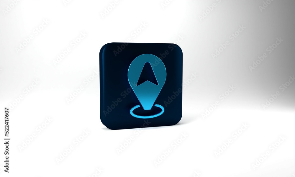 Blue Map pointer with taxi car icon isolated on grey background. Location symbol. Blue square button. 3d illustration 3D render Blue Map pointer with taxi car icon isolated on grey background. Location symbol. Blue square button. 3d illustration 3D render
