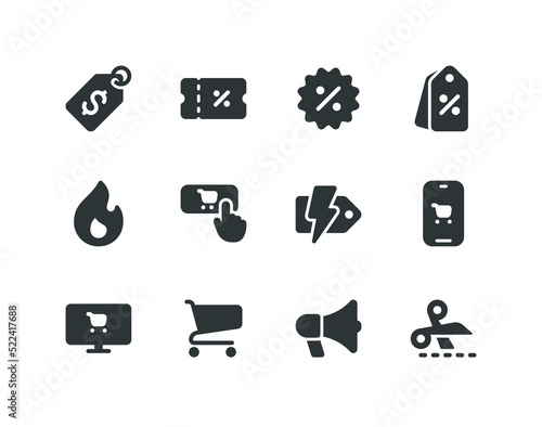 Black friday and cyber monday solid icon set with sale related icons