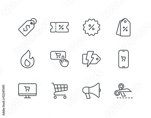 Black friday and cyber monday line icon set with sale related icons