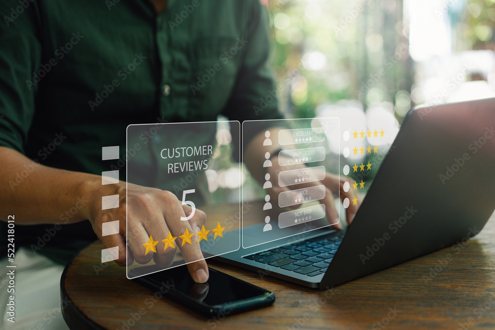 Customer review satisfaction feedback survey concept, User give rating 5 star to service experience on online application Customer review satisfaction feedback survey concept, User give rating 5 star to service experience on online application