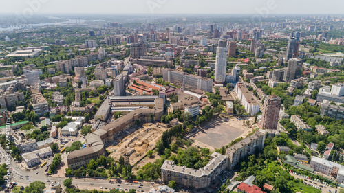 Aerial view beautiful Kyiv cityscape on a sunny summer day. Drone shot Kiev building. Capital of Ukraine 