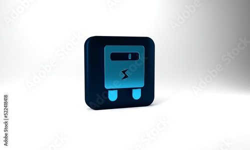Blue Electric meter icon isolated on grey background. Blue square button. 3d illustration 3D render