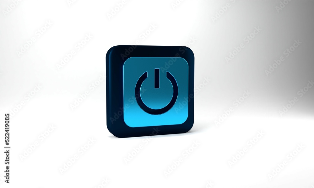 Blue Power button icon isolated on grey background. Start sign. Blue square button. 3d illustration 3D render