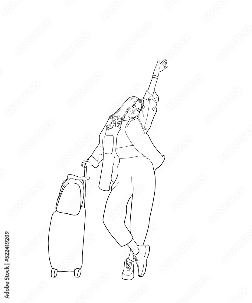 A young girl with dark hair in jeans and sweatpants is ready to go on a trip. A teenage girl with her hand raised up. A woman with a suitcase and a travel bag. A tourist. Illustration A young girl with dark hair in jeans and sweatpants is ready to go on a trip. A teenage girl with her hand raised up. A woman with a suitcase and a travel bag. A tourist. Illustration