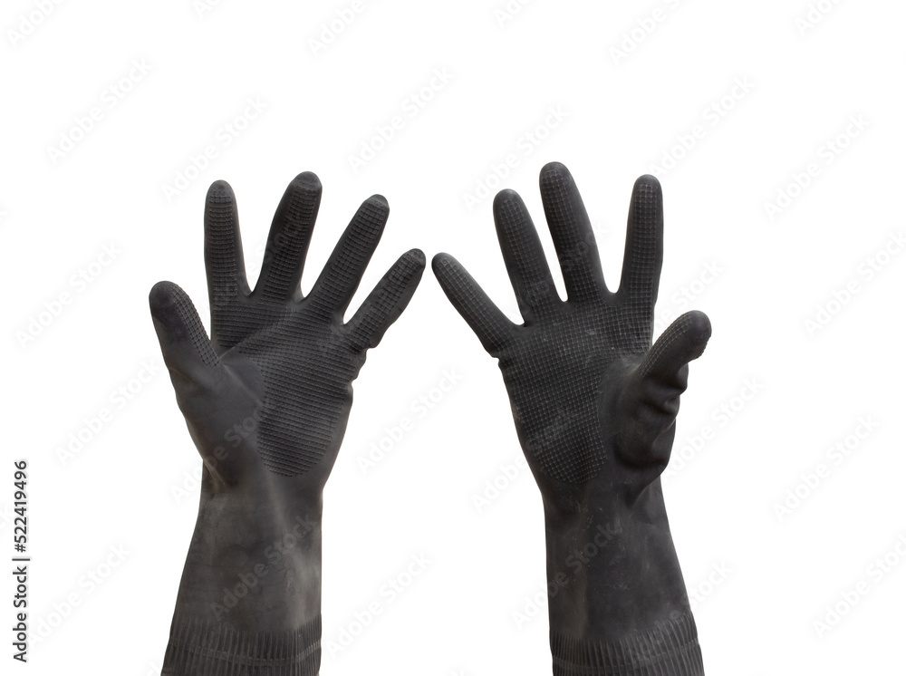 Hand wearing black rubber glove Hand wearing black rubber glove