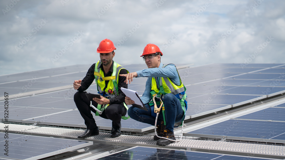 custom made wallpaper toronto digitalConstruction workers clean solar panels for energy.Renewable Energy Battery Clean Mountain Climber Activities Work Uniforms.Managers discuss electric power ecology, human, renewable energy.