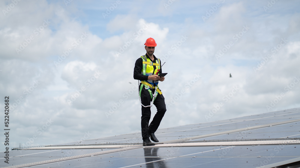 Construction workers clean solar panels for energy.Renewable Energy Battery Clean Mountain Climber Activities Work Uniforms.Managers discuss electric power ecology, human, renewable energy.
Construction workers clean solar panels for energy.Renewable Energy Battery Clean Mountain Climber Activities Work Uniforms.Managers discuss electric power ecology, human, renewable energy.