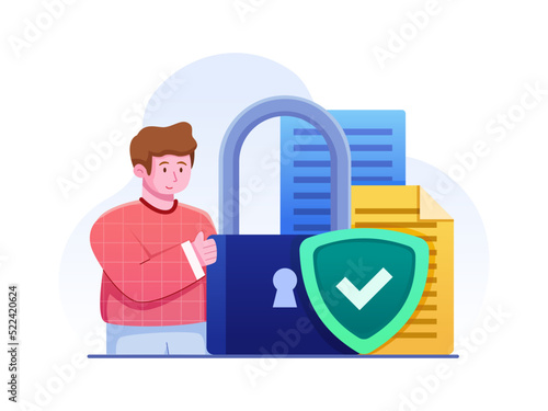 Safe and Secured File Document Vector Illustration.
Secured Personal Document Data.
File security and access rights.
Cybersecurity services to protect documents and personal data.