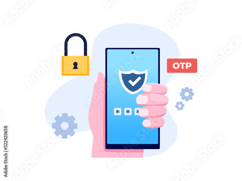 OTP One-time password for Security on banking transaction, web login, email Illustration.
Two Factor security concept.
Can use for web, landing page, apps, infographic 