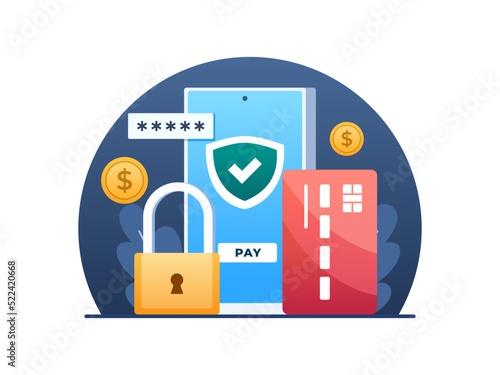 Secure Mobile Payment Transaction Illustration.
Online payment protection system concept.
Secure mobile banking transaction.
Can use for web, landing page, apps, blog, infographic