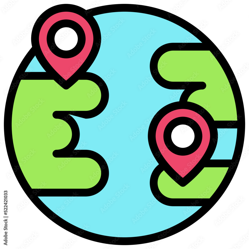 Two pins on earth icon, location map and navigation vector Two pins on earth icon, location map and navigation vector