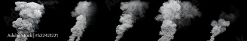 5 grey pollute smoke columns from urban fire on black, isolated - industrial 3D rendering