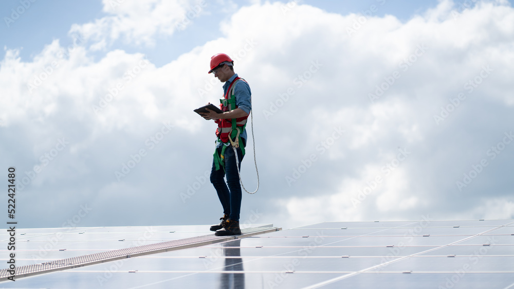 Engineers, males inspecting solar panels on the roof, inspecting safety and cleaning services. Construction industry, construction personnel
Engineers, males inspecting solar panels on the roof, inspecting safety and cleaning services. Construction industry, construction personnel