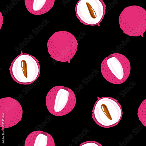 Seamless drawing of an exotic litchi fruit in whole and in halves, hand-drawn in sketch style. Lychee. Seed. Fruit. Summer. Vector simple illustration.