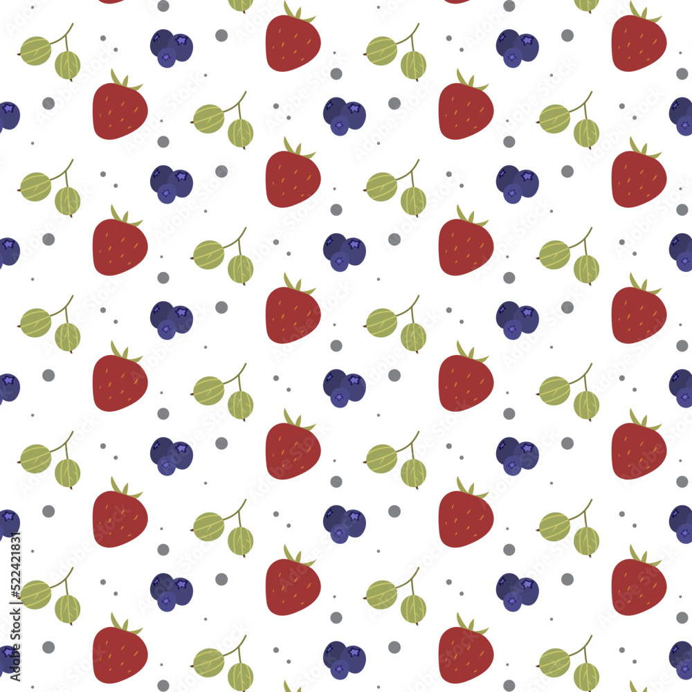 Seamless berry pattern with strawberry, blueberry and gooseberry. Hand drawn berry pattern that can be used for kitchen, textile, stationery, etc. Seamless berry pattern with strawberry, blueberry and gooseberry. Hand drawn berry pattern that can be used for kitchen, textile, stationery, etc.