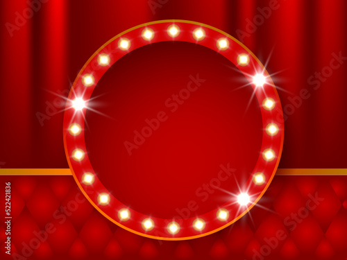 Theater stage. Red curtains stage, theater or opera background with spotlight. Festival night show banner. Circle retro frame with glowing lamps. Vector illustration with shining lights