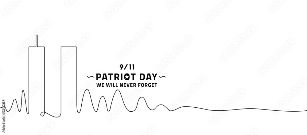 9/11 memorial day September 11.Patriot day NYC World Trade Center. We will never forget, the terrorist attacks of september 11. World Trade Center with continuous drawing single line art
