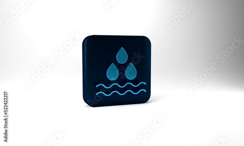 Blue Water drop icon isolated on grey background. Blue square button. 3d illustration 3D render