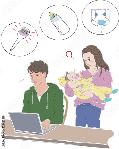 泣き止まないあかちゃんを抱っこするママと、その原因をネットで調べるパパのイラスト