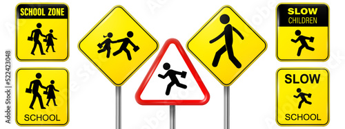 Set of school signs zone vector. Pedestrian. Road and Traffic signs.