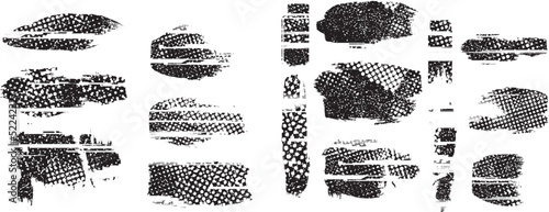 Glitch distorted geometric shape . Noise destroyed logo . Trendy defect error shapes . Glitched frame .Grunge textured . Distressed effect .Vector shapes with a halftone dots screen print texture.