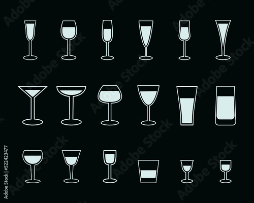 Glasses of cocktails, alcohol drink, champagne Line icon set Vector illustration Isolated