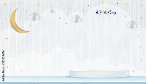 Vector for baby boy shower card on wood background,Cute Paper art abstract origami cloudscape, crescent moon and stars on blue sky and 3D podium,Paper cut with copy space for baby's photos