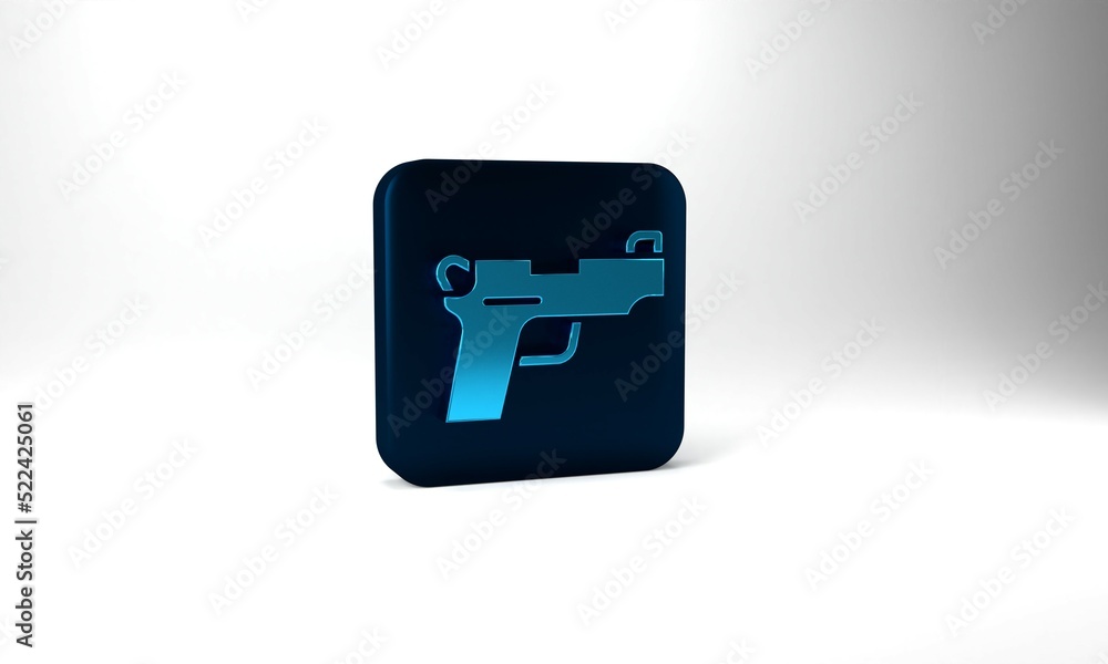 Blue Pistol or gun icon isolated on grey background. Police or military handgun. Small firearm. Blue square button. 3d illustration 3D render Blue Pistol or gun icon isolated on grey background. Police or military handgun. Small firearm. Blue square button. 3d illustration 3D render