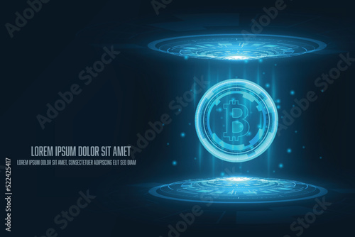 Vector abstract technology cryptocurrency concept. Bitcoin on circuit board.