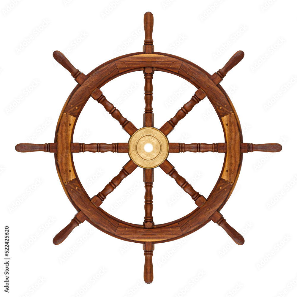 Wooden steering wheel ship isolated on white background