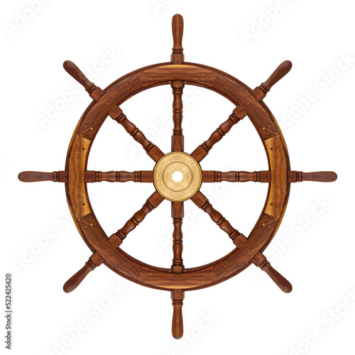 Wooden steering wheel ship isolated on white background