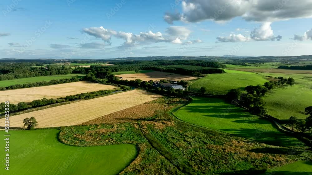 aerial view of the scottish borders countryside near moffat on a blue sky day with clouds during a day in the summer aerial view of the scottish borders countryside near moffat on a blue sky day with clouds during a day in the summer