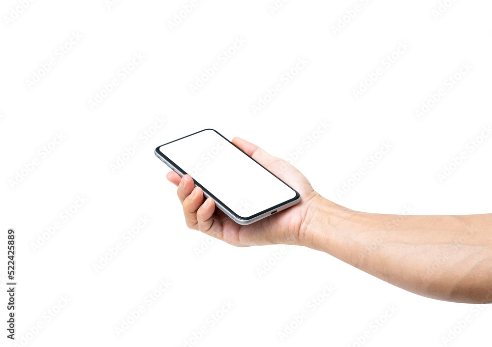 Hand holding mobile phone isolated Hand holding mobile phone isolated