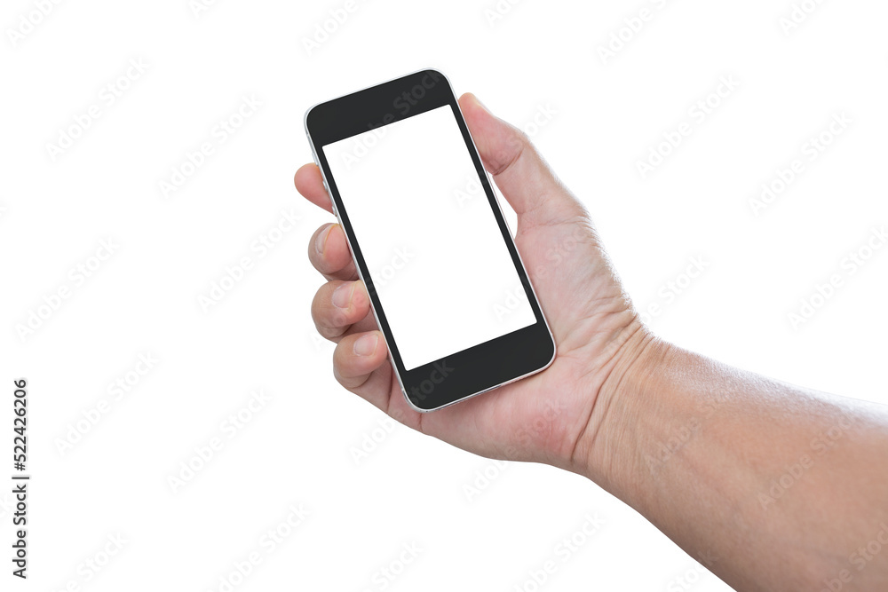 Hand holding mobile phone isolated Hand holding mobile phone isolated