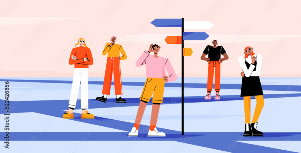 Thinking people choose right direction, way in career. Vector illustration of puzzled characters make choice of development path on road with signboard with arrows Thinking people choose right direction, way in career. Vector illustration of puzzled characters make choice of development path on road with signboard with arrows