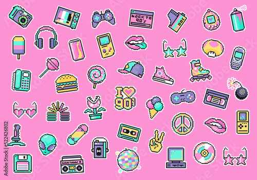 Set of vector stickers, pins, patches in 90s style, flat pixel design.