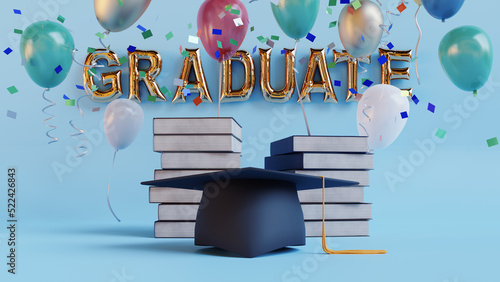 graduate cap with book and balloons, 3d rendering photo