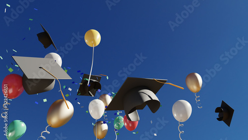 graduate cap in blue sky with balloons, 3d rendering photo