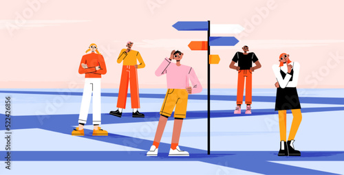 Thinking people choose right direction, way in career. Vector illustration of puzzled characters make choice of development path on road with signboard with arrows