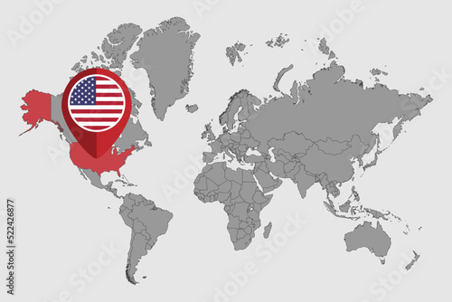 Pin map with USA flag on world map.Vector illustration.