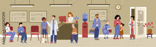 Hospital hall with people waiting in queue, doctors, reception desk and water cooler. Vector flat illustration of patients standing in line, diverse characters in medical clinic