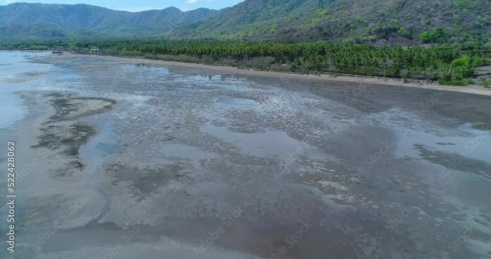 Aerial shot of dark sand beach at low tide, tropical mountain background Aerial shot of dark sand beach at low tide, tropical mountain background