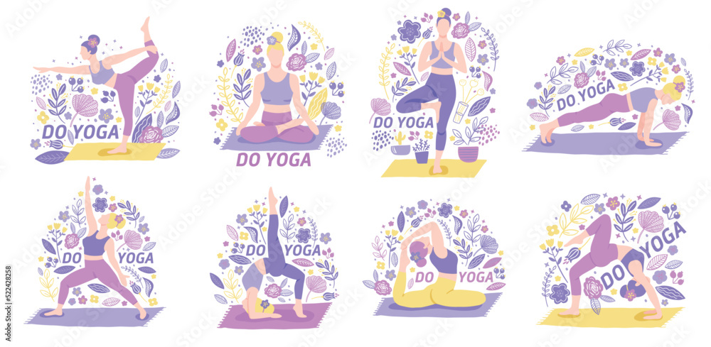 Yoga set girls in doodle style. cute cartoon illustrations hand-drawn people
