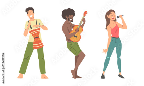 Set of happy people playing guitar, drum and singing cartoon vector illustration