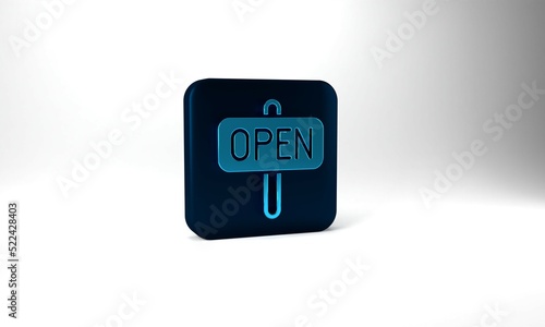 Blue Hanging sign with text Open door icon isolated on grey background. Blue square button. 3d illustration 3D render