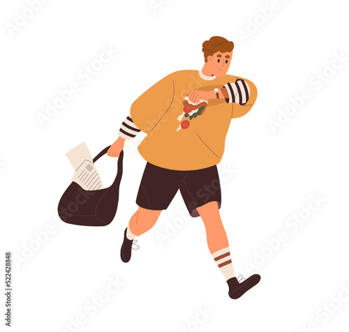 Employee running, late for work, eating fast food on the go. Person hurrying with unhealthy snack, sandwich in hand. Hectic pace of life concept. Flat vector illustration isolated on white background