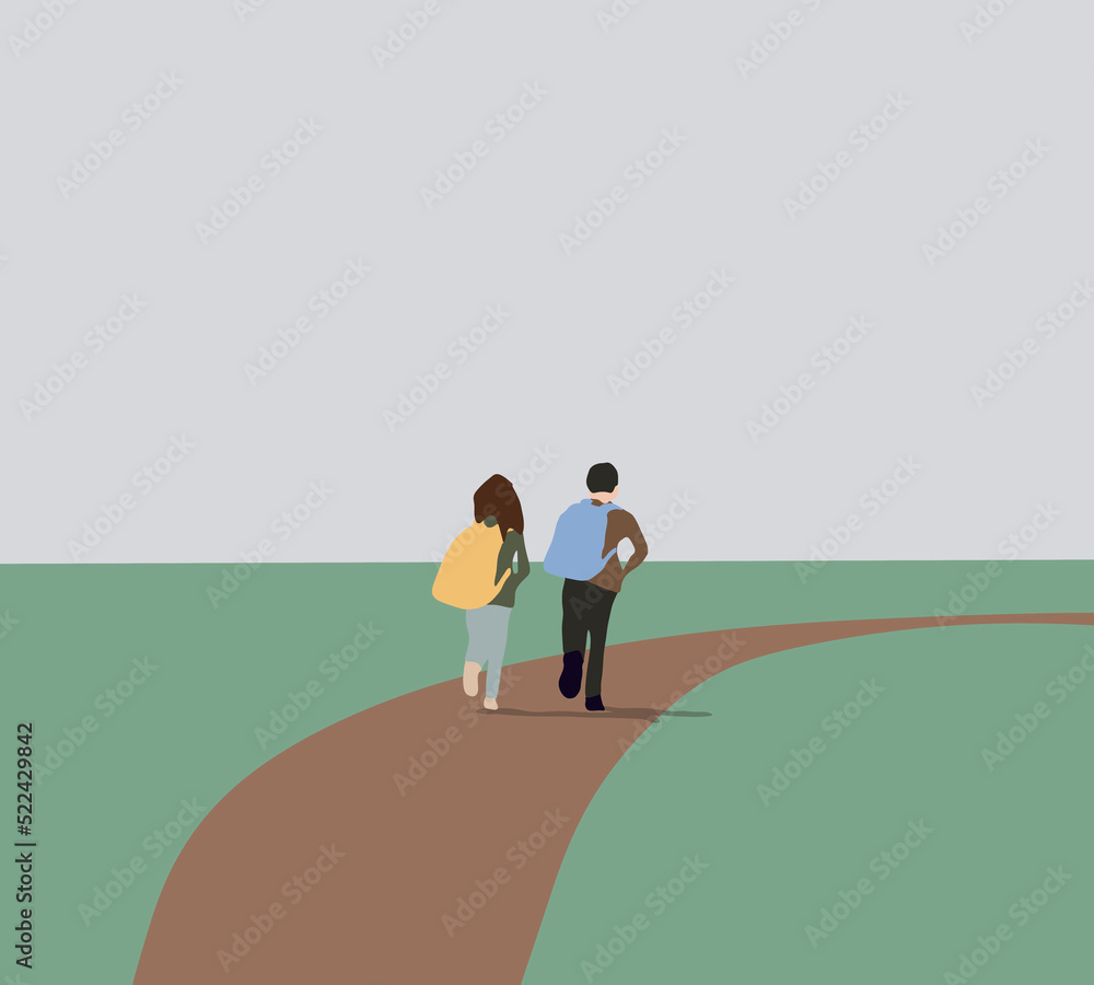 Boy and girl with backpack walking and talking around college campus together. Back to school. Boy and girl with backpack walking and talking around college campus together. Back to school.
