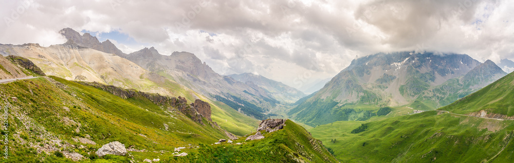 Panoramic view at the Mountains on the road to Galabier pass in Savoie department in France